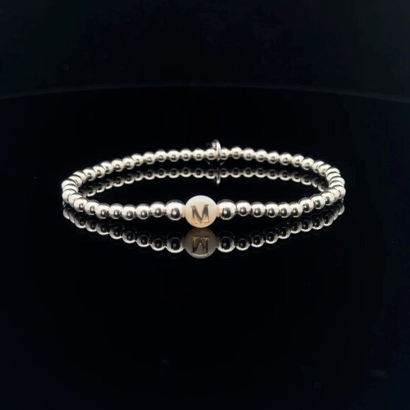 925 Sterling Silver Beaded Stretch Stacking Bracelet MOP Letter Initial M - Picture 1 of 6